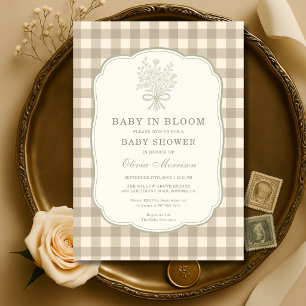 Baby in Bloom Neutral Gingham Baby Shower Invitation