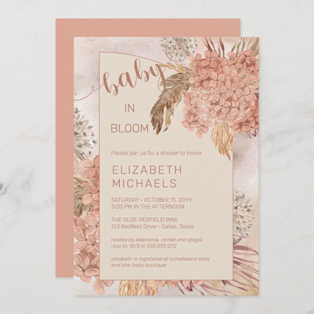  Baby in Bloom Pampas Grass and Hydrangeas Shower Invitation (Front/Back)