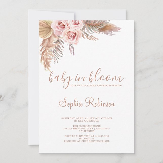 Baby in Bloom Pampas Grass Boho Baby Shower Invitation (Front)