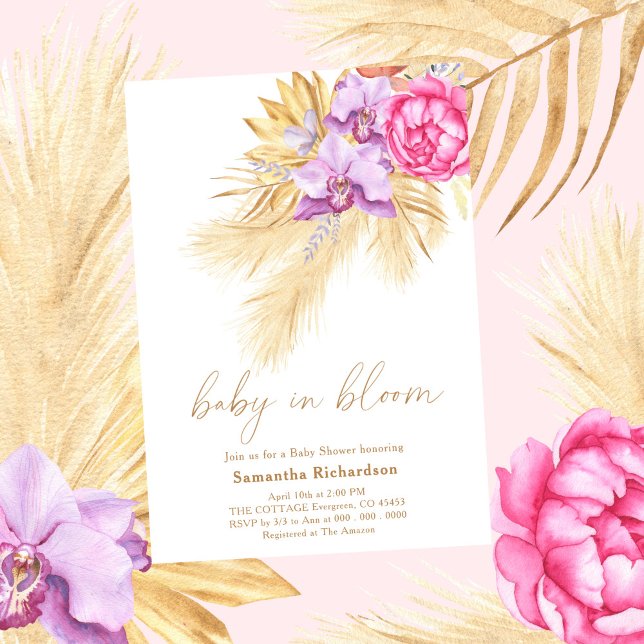 Baby in bloom Pampas grass Boho Pink Baby Shower Invitation (Creator Uploaded)