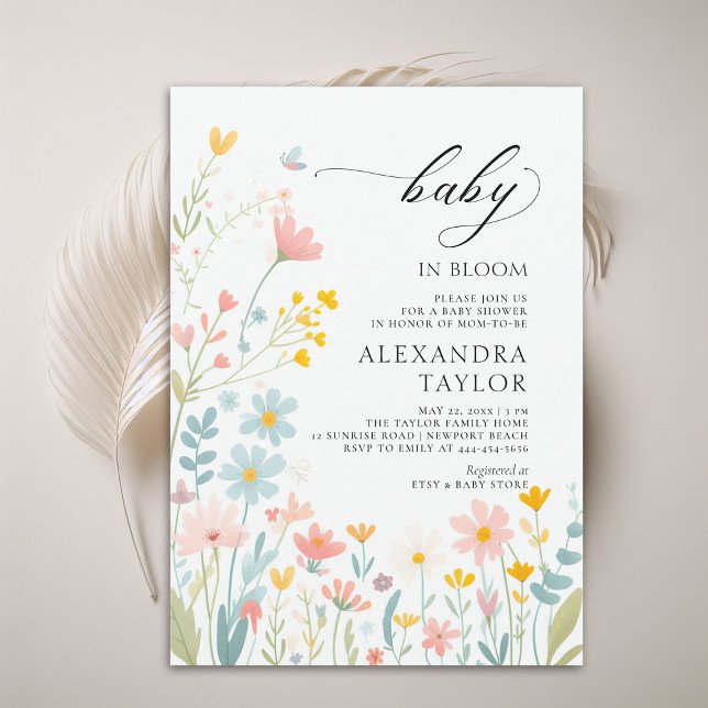 Baby in Bloom Pastel Wildflowers Baby Girl Shower Invitation (baby in bloom wildflowers baby shower invitation pastels watercolor cottage garden cute sweet boho)