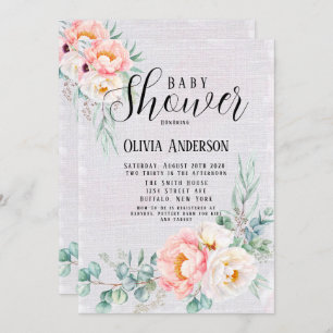 Baby In Bloom Peach and Greenery Baby Shower Invitation