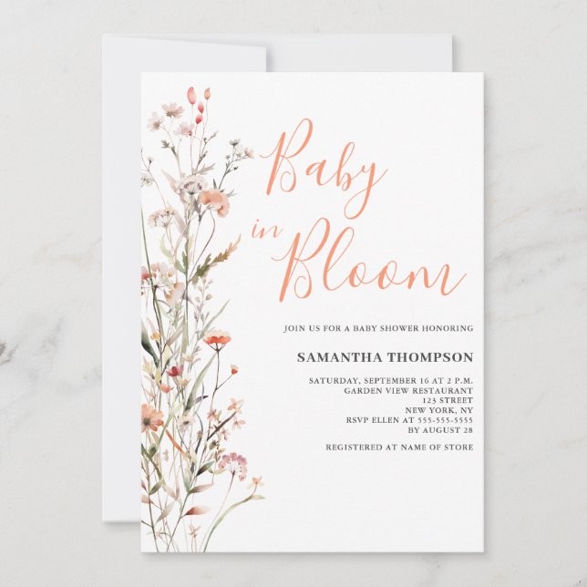Baby In Bloom Peach Floral Girl Baby Shower Invitation (Front)