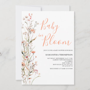 Baby In Bloom Peach Floral Girl Baby Shower Invitation
