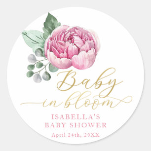 Baby in Bloom Pink and Gold Floral Baby Shower Fav Classic Round Sticker