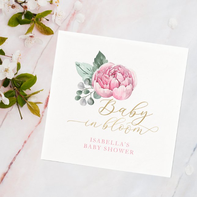 Baby in Bloom Pink and Gold Floral Baby Shower Fav Napkin (Peony Rose Baby Shower Napkin)