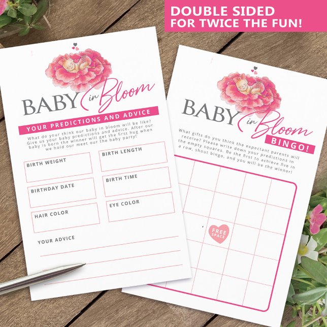 Baby in bloom pink baby shower bingo predictions flyer (Creator Uploaded)