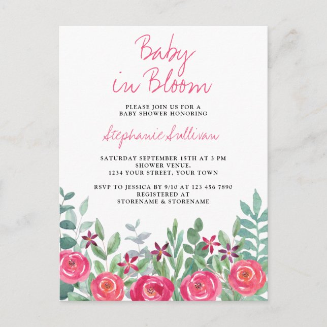 Baby in Bloom Pink Baby Shower Invitation Postcard (Front)
