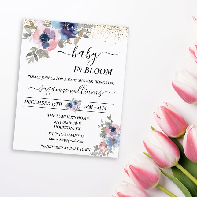 Baby in Bloom Pink Blue Handwritten Gold Confetti  (Creator Uploaded)