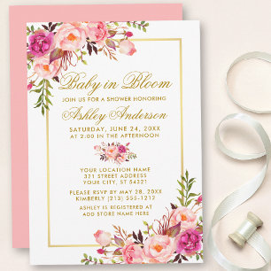 Baby In Bloom Pink Blush Floral Shower Gold Invitation