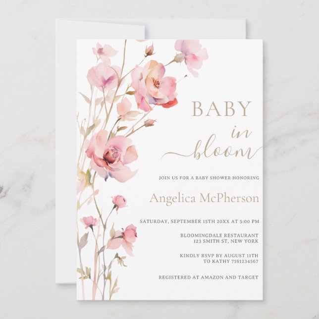 BABY IN BLOOM PINK BLUSH GOLD CHAMPAGNE FLORAL  INVITATION (Front)