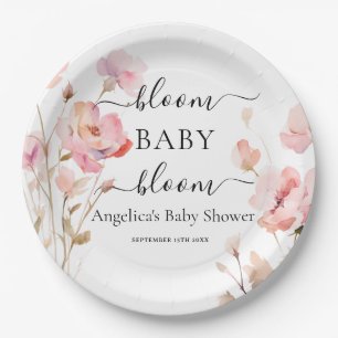 BABY IN BLOOM PINK BLUSH WATERCOLOR MEADOW FLOWERS PAPER PLATE