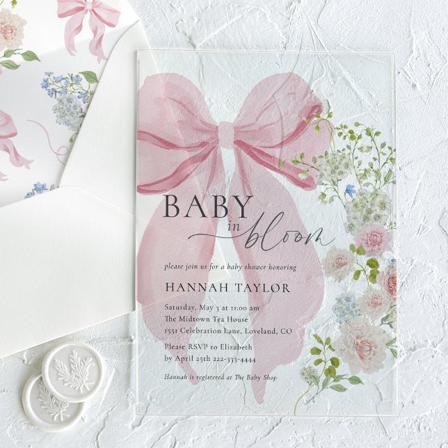 Baby in Bloom Pink Bow Baby Shower Acrylic Invitations (Creator Uploaded)