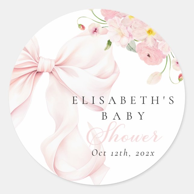 Baby in Bloom Pink Bow Baby Shower Classic Round Sticker (Front)