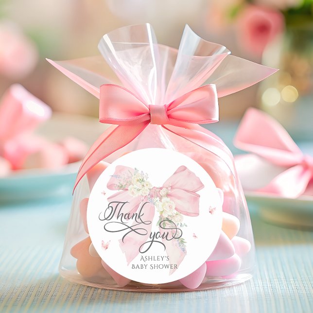 Baby in Bloom Pink Bow Baby Shower Thank You Classic Round Sticker (Creator Uploaded)