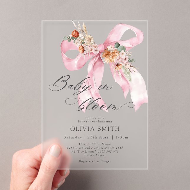 Baby in Bloom Pink Bow Floral Baby Shower Acrylic Invitations (Insitu (Handheld))