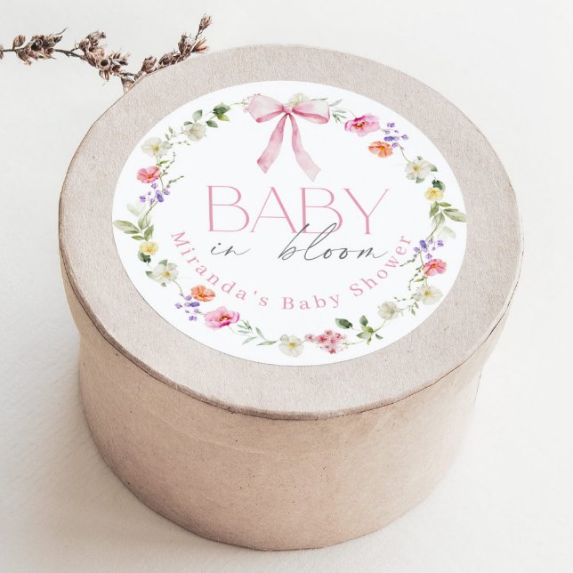 Baby in Bloom Pink Bow floral Baby shower Classic Round Sticker (Creator Uploaded)