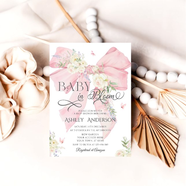 Baby In Bloom Pink Bow & Floral Baby Shower Invitation (Creator Uploaded)