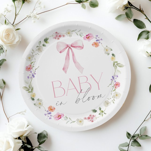 Baby in Bloom Pink Bow floral Baby shower Paper Plate (Creator Uploaded)
