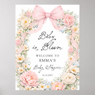 Baby in Bloom Pink Bow Floral Baby Shower Welcome Poster