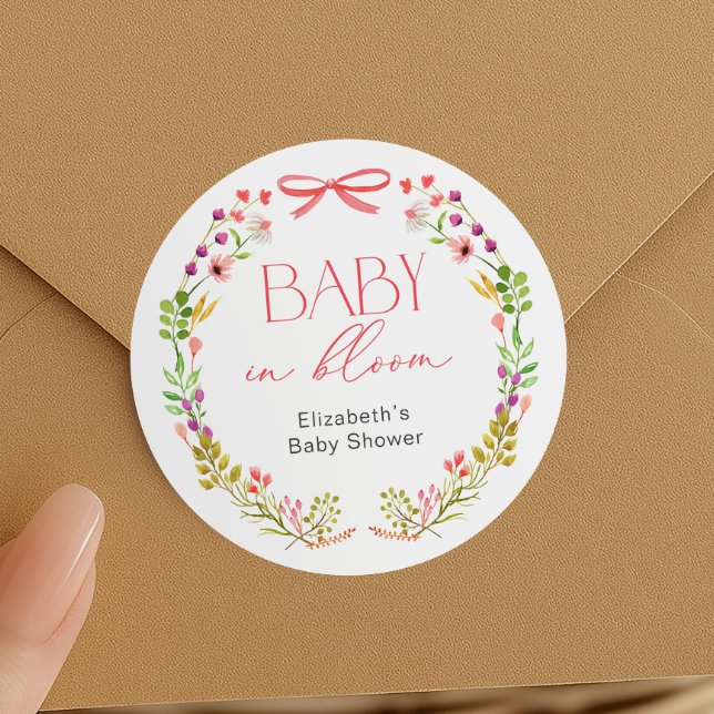 Baby in Bloom Pink Bow Floral Garden Baby Shower Classic Round Sticker (Creator Uploaded)