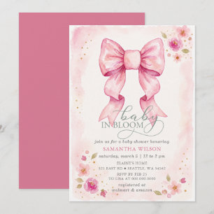 Baby in Bloom Pink Bow Floral Girl Baby Shower Invitation