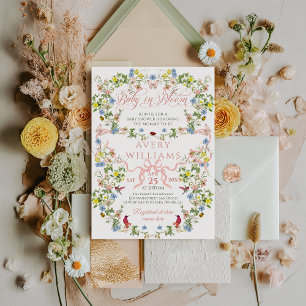Baby in Bloom Pink Bow Floral Girl Baby Shower  Invitation