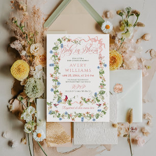 Baby in Bloom Pink Bow Floral Girl Baby Shower  Invitation