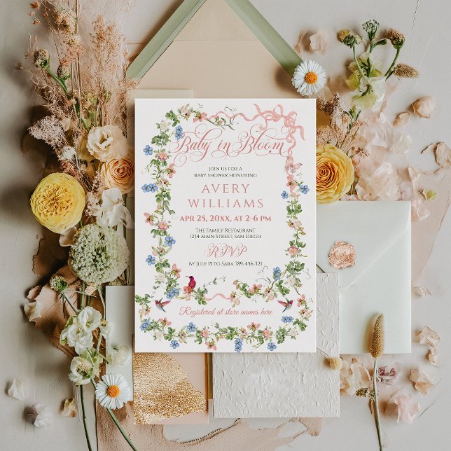 Baby in Bloom Pink Bow Floral Girl Baby Shower  Invitation (Creator Uploaded)