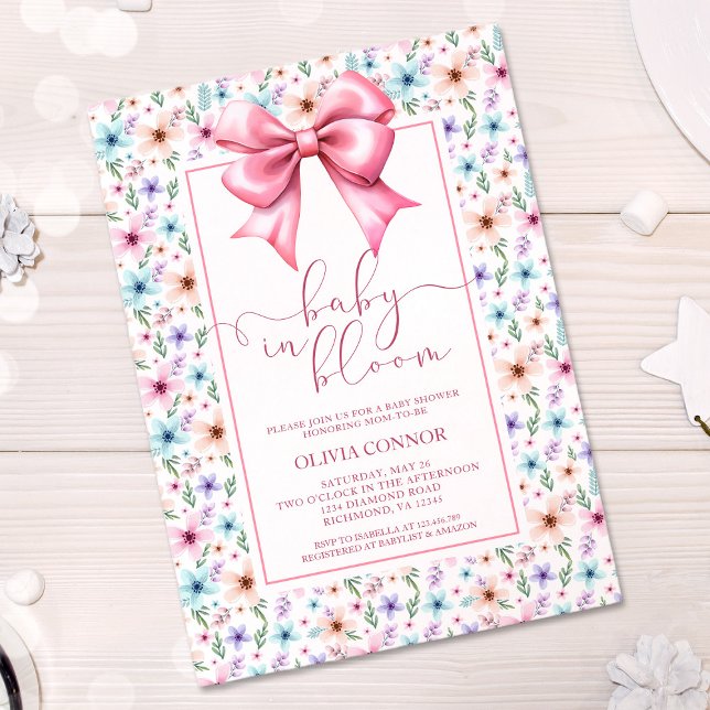 Baby in Bloom Pink Bow Floral Girl Baby Shower Invitation (Creator Uploaded)