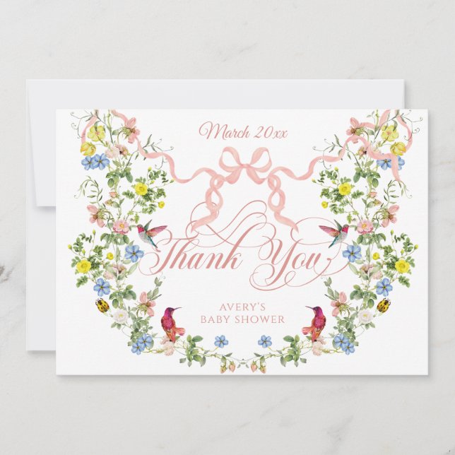Baby in Bloom Pink Bow Floral Girl Baby Shower  Thank You Card (Front)