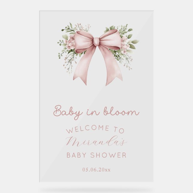 Baby In Bloom Pink Bow Girl Baby Shower Acrylic Sign (Front)