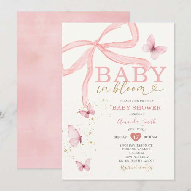 Baby in Bloom Pink Bow Girl Baby Shower  Invitation (Front/Back)