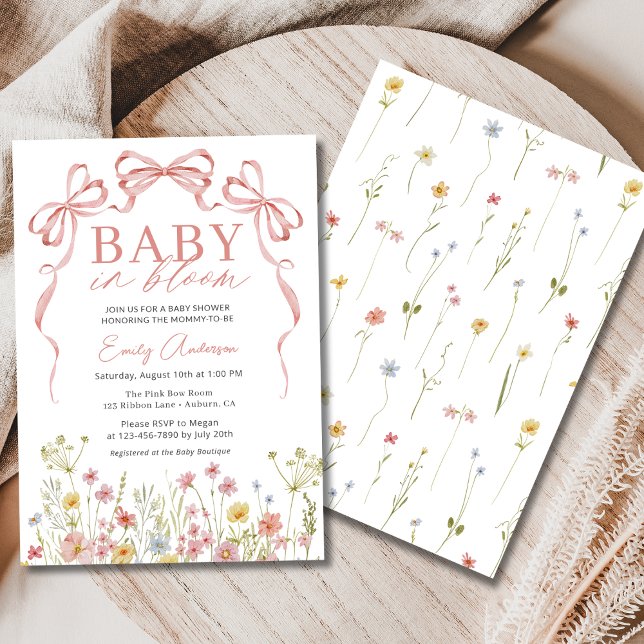 Baby in Bloom Pink Bow Girl Wildflower Shower Invitation (Creator Uploaded)