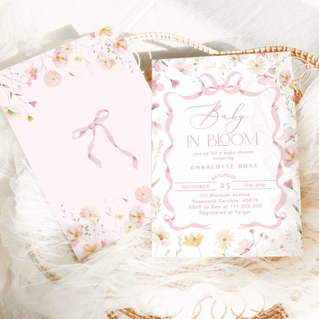 Baby in bloom Pink Bow ribbon frame baby shower Invitation (Creator Uploaded)