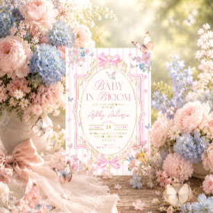 Baby In Bloom Pink Bow Whimsical Baby Shower Invitation