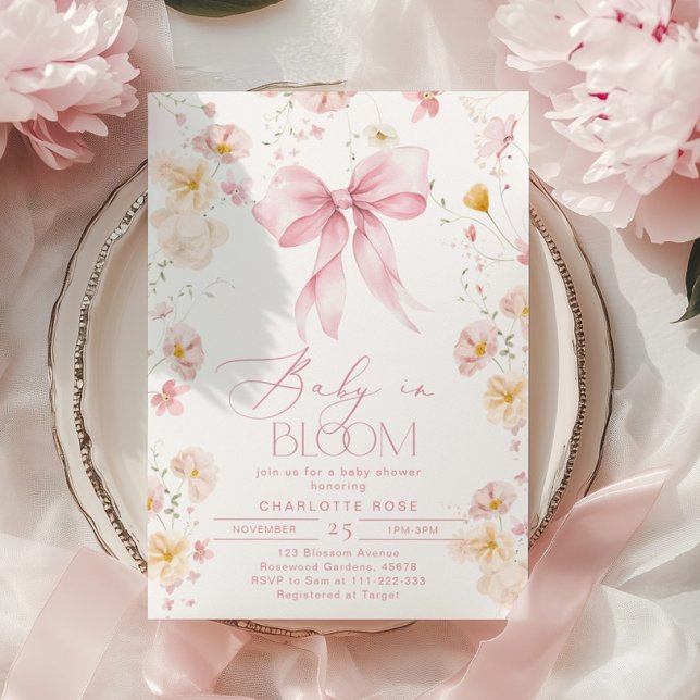 Baby in Bloom Pink Bow Wildflower Baby shower Invitation (Creator Uploaded)