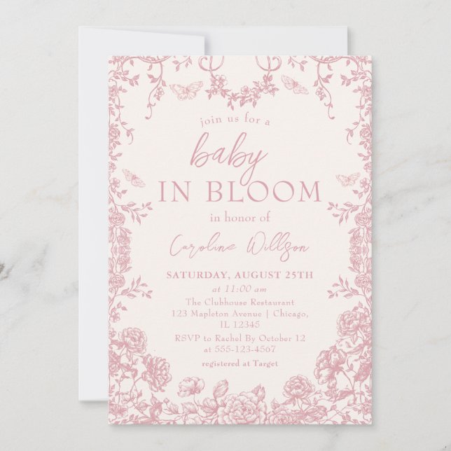 Baby In Bloom Pink Chinoiserie Baby Shower Invitation (Front)