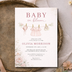 Baby in Bloom Pink Clothesline Girl Baby Shower Invitation