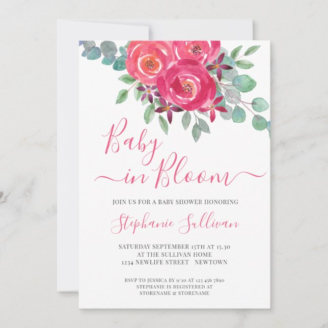 Baby in Bloom Pink Floral Baby Shower Invitation (Front)