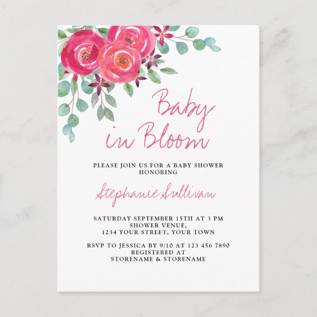 Baby in Bloom Pink Floral Baby Shower Invitation Postcard (Front)
