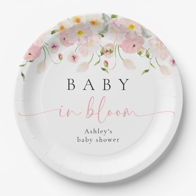Baby In Bloom Pink Floral Baby Shower Paper Plate (Front)