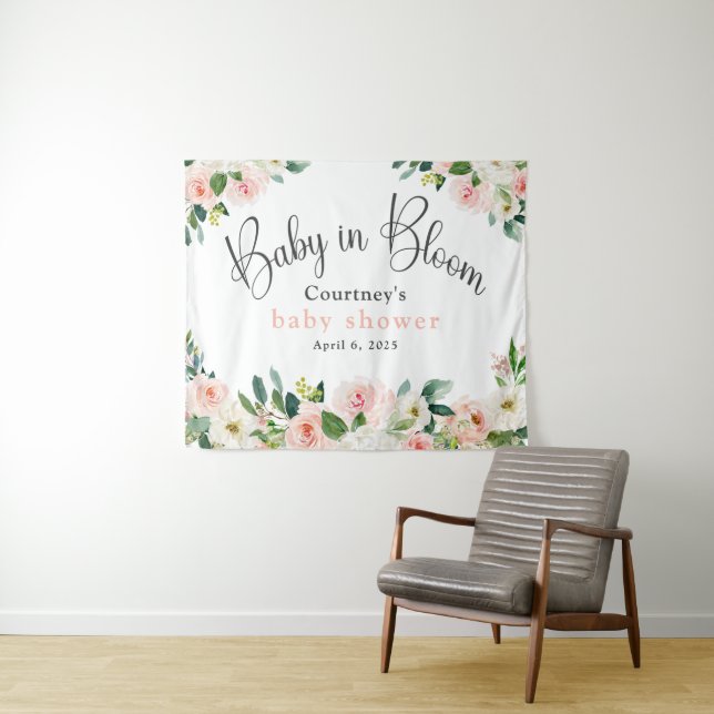 Baby in Bloom Pink Floral Baby Shower Tapestry (In Situ (Horizontal))