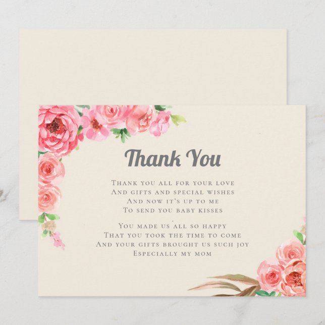 Baby In Bloom Pink Floral Baby Shower Thank You Invitation (Front/Back)