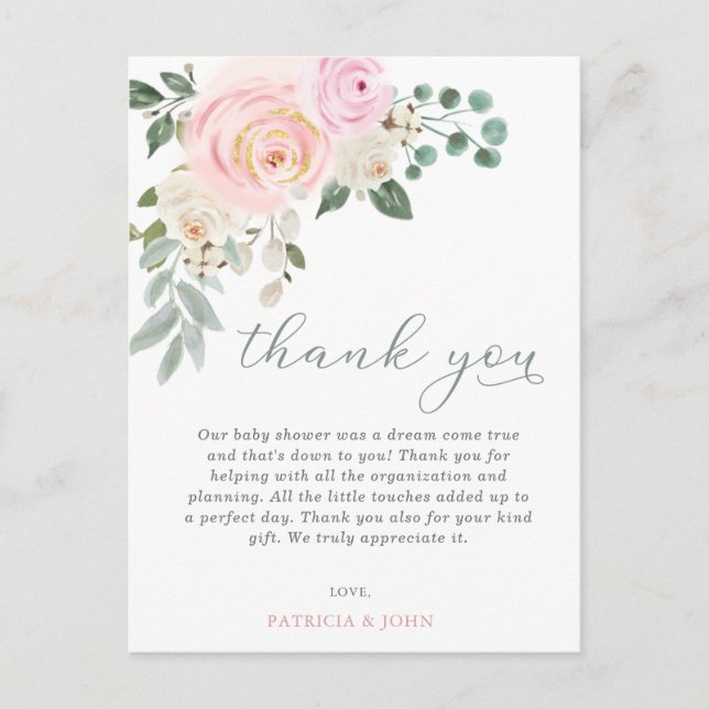 Baby in Bloom Pink Floral Baby Shower Thank You Postcard (Front)