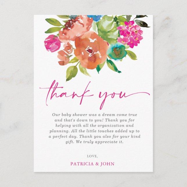 Baby in Bloom Pink Floral Baby Shower Thank You Postcard (Front)