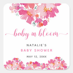 Baby in Bloom Pink Floral Baby Shower Watercolor Square Sticker