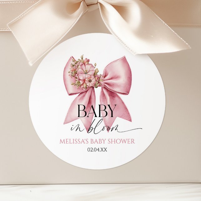 Baby In Bloom Pink Floral Bow Baby Shower Classic Round Sticker (Creator Uploaded)