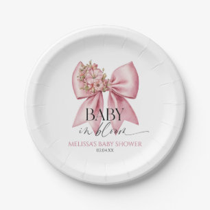 Baby In Bloom Pink Floral Bow Baby Shower Paper Plate