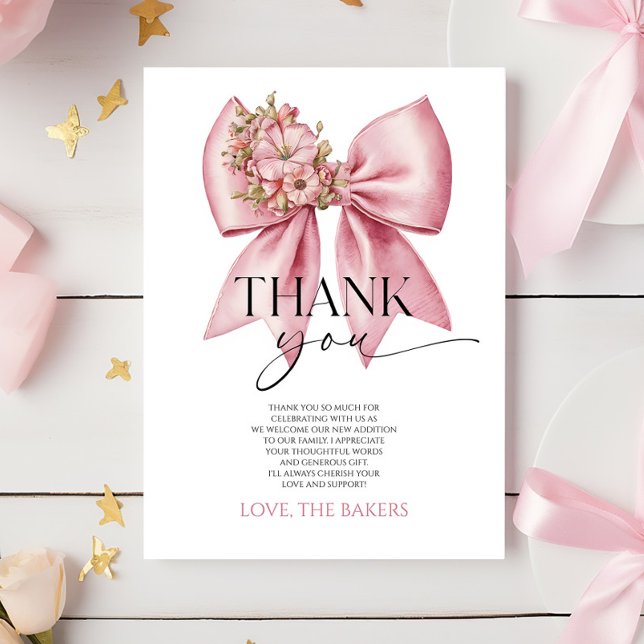 Baby In Bloom Pink Floral Bow Baby Shower Thank You Card (Creator Uploaded)